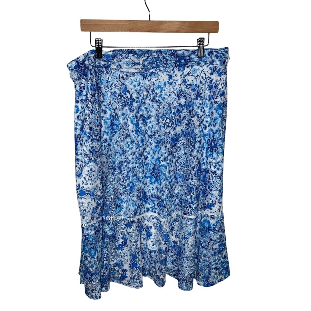 Karl Lagerfeld Floral Tiered Ruffle Hem Midi Skirt size 12 Blue/White